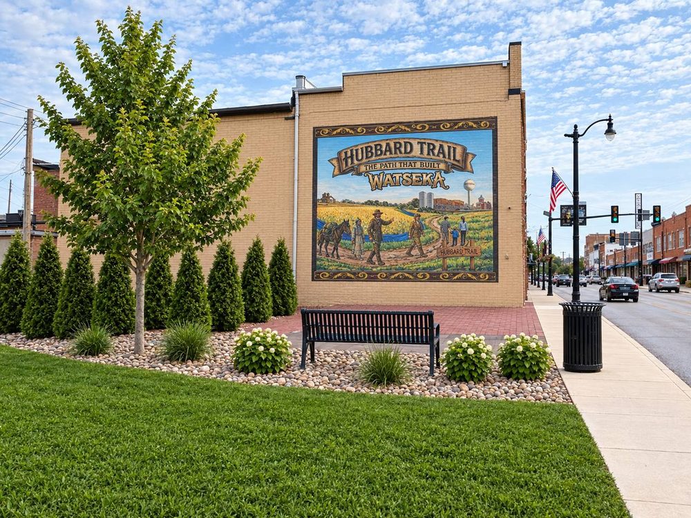 Mock-up of the planned landscaping at the Hubbard Trail mural: a row of arborvitae trees and a young shade tree along the wall, a river rock bed with flowering shrubs and ornamental grasses, a bench on a brick patio facing the mural, and fresh lawn beside the Walnut Street sidewalk.