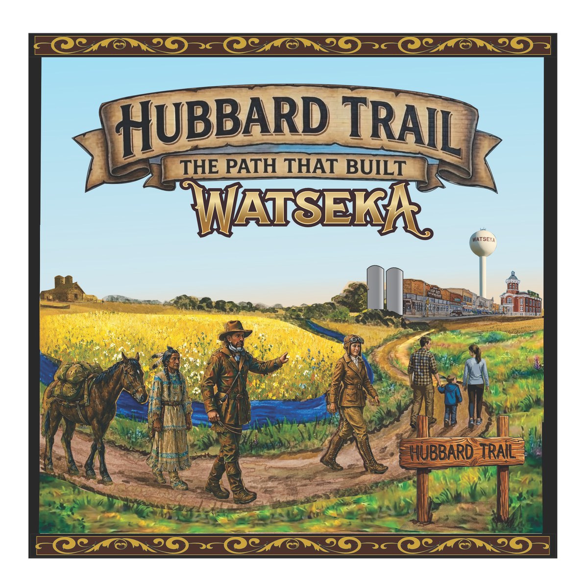 The winning mural design: Watchekee, Gurdon Hubbard leading a packhorse, and Catherine Clifton on the Hubbard Trail, with a modern family walking the same path toward historic downtown Watseka.